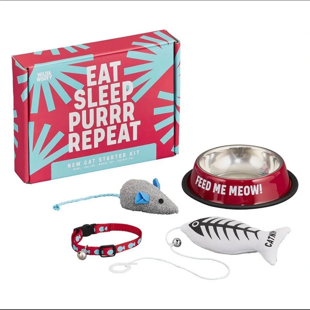 EAT SLEEP PURR REPEAT-new cat starter kit-“FEED ME MEOW” bowl, collar, 2 toys